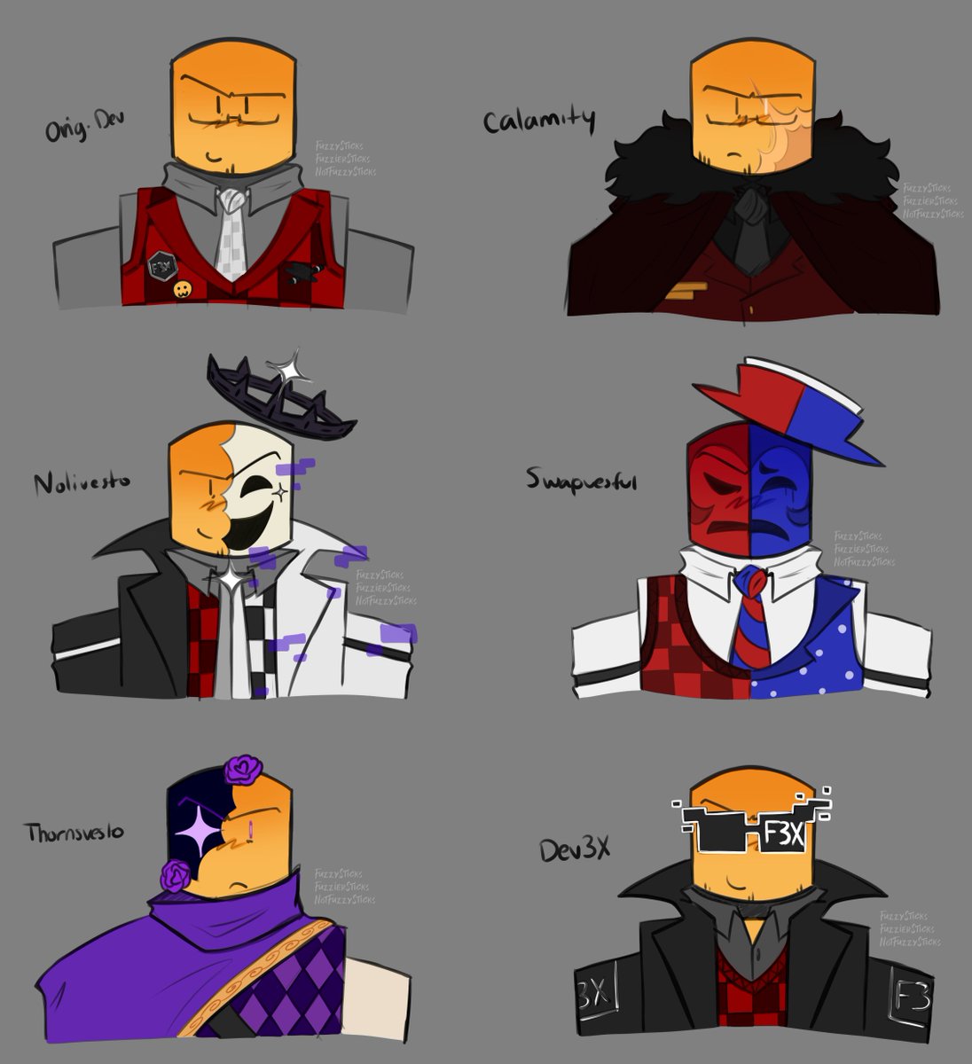 FuzzierSticks's tweet image. Spent all day drawing all of my Devestos for no reason. Some even got small redesigns haha.

#dieofdeath #devesto #au