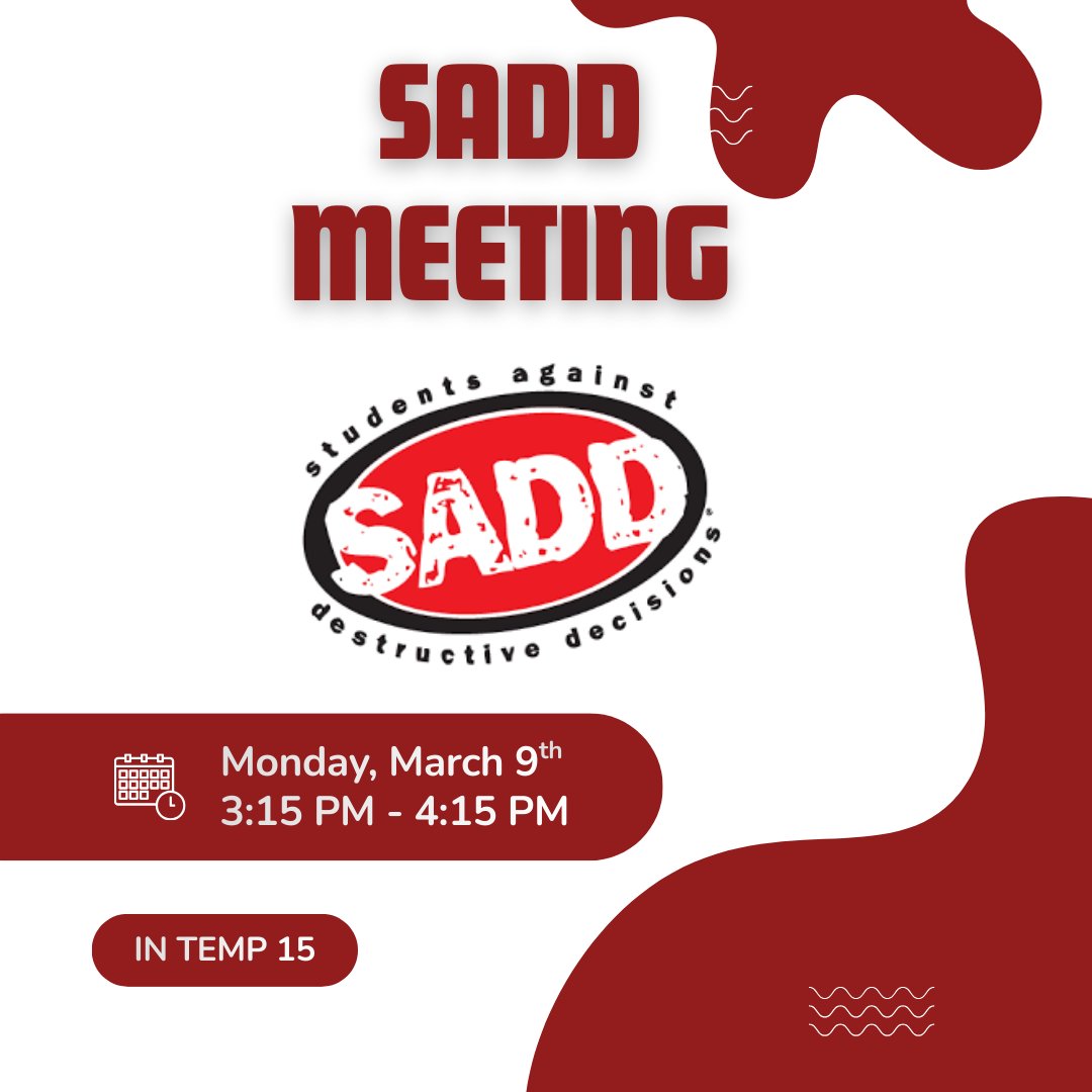 AgainstSADD's tweet photo. Hello Raiders! This Monday, March 9th SADD will be having a meeting where we'll have presentations on Teen Dating Violence Awareness and Anti Bullying &amp; Eating Disorders. Finally, we'll also have members present for Women's History Month! We can't wait to see you there Raiders! https://t.co/qELwsWpUnc