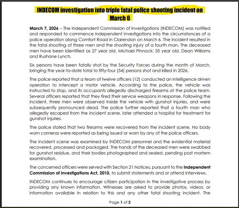 suezeecue's tweet photo. INDECOM Press release: INDECOM investigation into triple fatal police shooting incident on March 6 https://t.co/R2rqafXlQG #INDECOM #Jamaica https://t.co/eRsZ2Zh4Cn