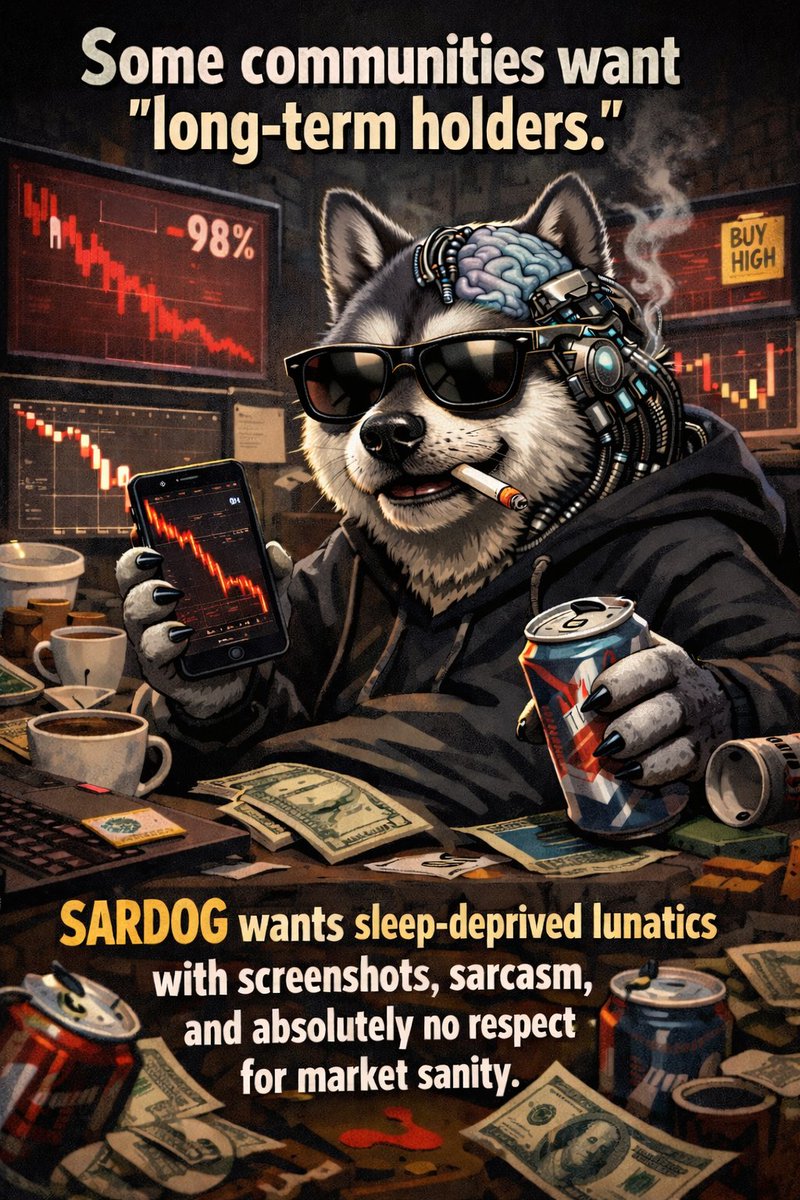 SARGODcoin's tweet photo. Some communities want “long-term holders.”
SARDOG wants sleep-deprived lunatics with screenshots, sarcasm, and absolutely no respect for market sanity.

#SARDOG #Solana #Memecoin #Web3 https://t.co/KQMajDc8Gh