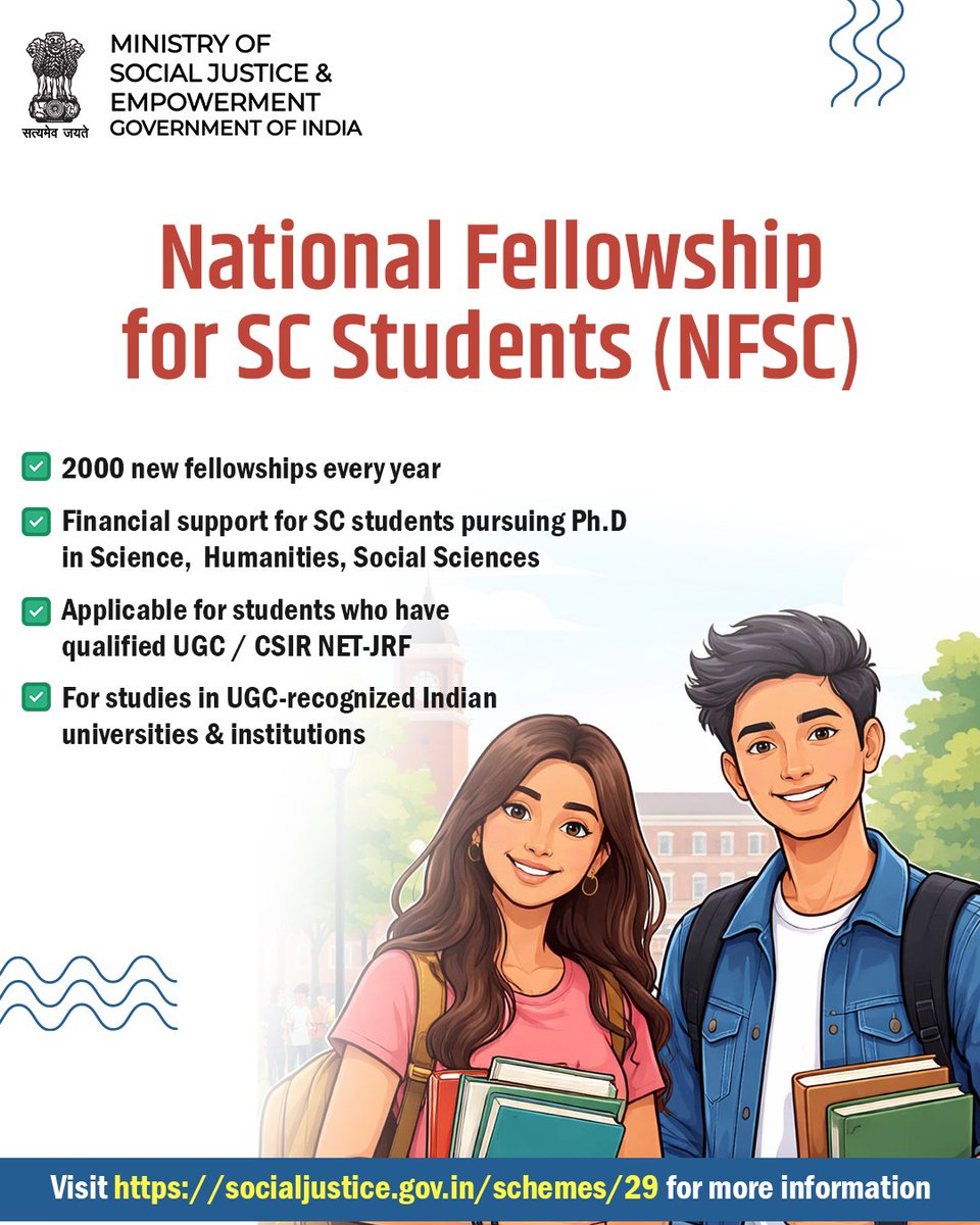 MSJEGOI's tweet photo. SC students can get financial support for Ph.D through the National Fellowship scheme. Visit https://t.co/cSK7KMozqY to know more. #SocialJustice

@PMOIndia @narendramodi @AmitShah @Drvirendrakum13 @RamdasAthawale @blvermaup @PIB_India @mygovindia @MIB_India @NISD_India @nskfdc @NSFDC_MOSJE @nbcfdc