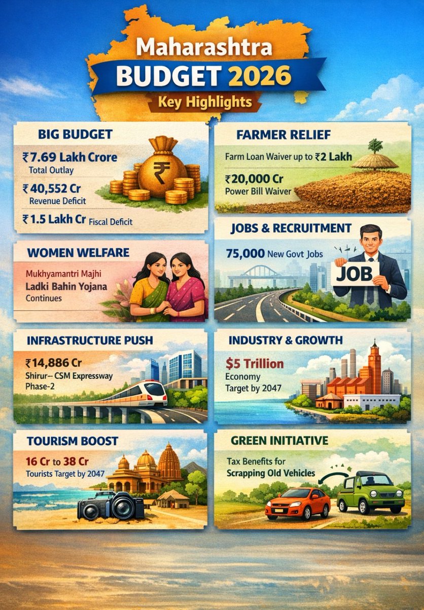 Samhub6969's tweet image. Maharashtra Budget 2026 highlights:
₹7.69L Cr budget, farm loan waiver up to ₹2L, ₹20,000 Cr power relief for farmers, 75K govt jobs &amp;amp; infra push.
What do you think about this budget? 🤔

#Maharashtra #MaharashtraBudget #budge