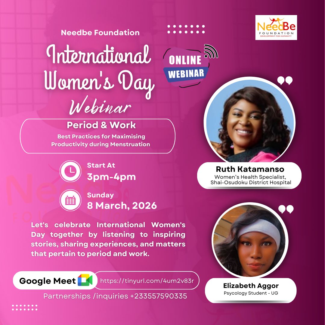 samneedbe's tweet photo. Periods shouldn’t slow women down — let’s talk about it.

Join Needbe Foundation’s IWD 2026 Webinar
🩸 Period &amp; Work: Maximising Productivity During Menstruation

🗓 8 March 2026
🕒 3PM – 4PM (GMT)
💻 Online | Free

🔗 https://t.co/zVgWt65cxX

#IWD2026 #PeriodAndWor https://t.co/G4iux4wJMG