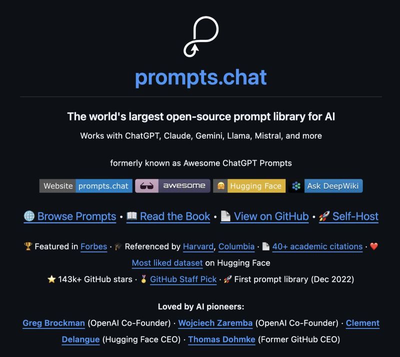BharukaShraddha's tweet photo. 150K ⭐ on GitHub…
and most people still don’t know about this repo.

Someone built one of the **largest open-source prompt libraries** on the internet.

It’s called https://t.co/2VOWpYhP7n.

Check it out:
https://t.co/CE9N7f0xaf

And the best part?
It works with almost every major AI model:

• ChatGPT
• Claude
• Gemini
• Llama
• Mistral

Why developers love it 👇

• 1000s of real-world prompts (copy-paste ready)
• community-curated use cases
• fully open source (CC0 license)
• self-host it for full privacy
• built-in MCP server integration
• interactive prompt engineering guide included

Even more interesting:

It’s been referenced by Harvard and Columbia
and highlighted by OpenAI co-founders Greg Brockman and Wojciech Zaremba.

If you use AI tools daily, this repo is basically a prompt toolbox.

Bookmark it before you need it. 🔖

#AI #PromptEngineering #ChatGPT #ClaudeAI #OpenSource #GenAI