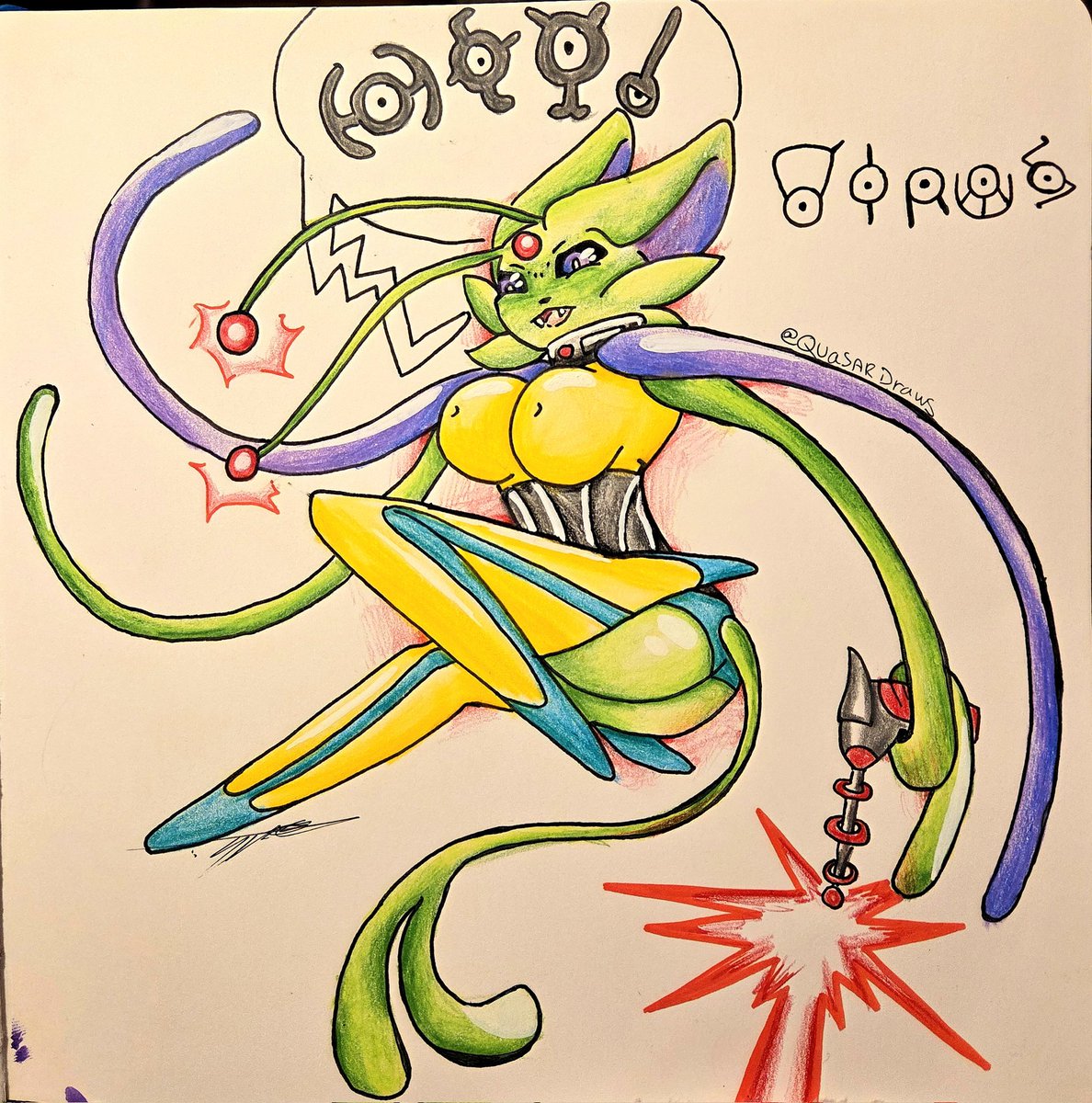 Quasar_Draws's tweet photo. A young eevee infected by the stone that once formed deoxys, evolved into espeon but... with a twist. Meet Virus! The infected espeon/deoxys fusion! #pokemon #art #espeon #deoxys #furry #shiny #fursona #art #artist #doodle #posca #sketch #traditionalart #pokemonart #quasar #alien https://t.co/X2Au7133aL