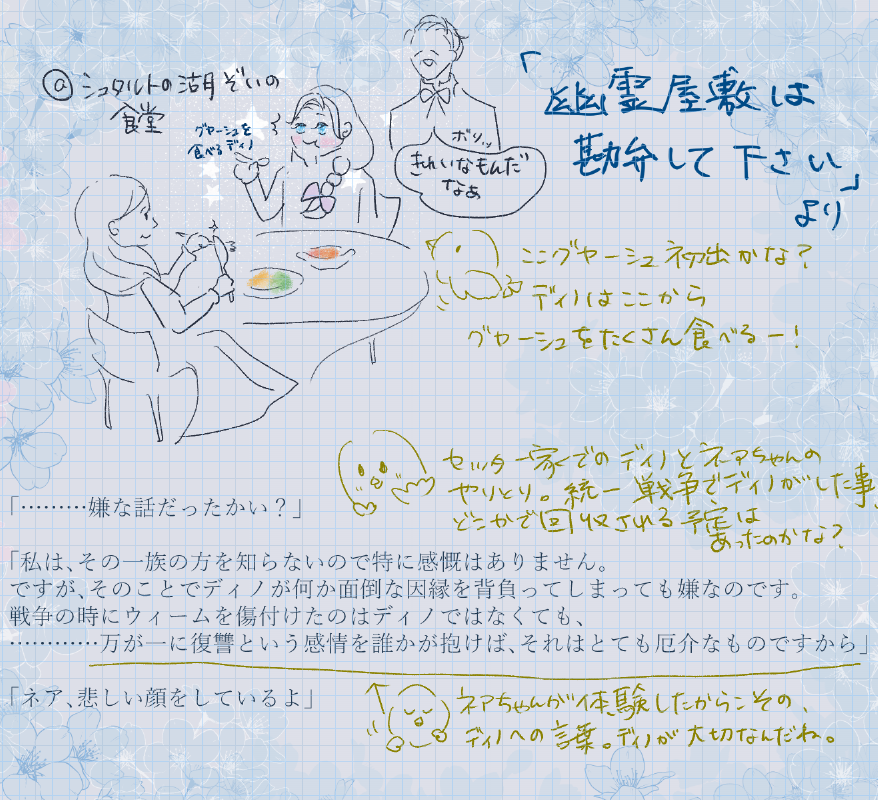 #森のくすまも再読絵日記
薬の魔物の解雇理由、第１０１話より。ｼｭﾀﾙﾄでの探索を続ける二人が食堂に入ってご飯を食べるｼｰﾝ、すごく覚えてる。ｾｯﾀｰ家についてのディノとの因縁は、布石だったのかな～などと空想します。そしてネアちゃんがディノを大事に思う気持ちがあふれている。