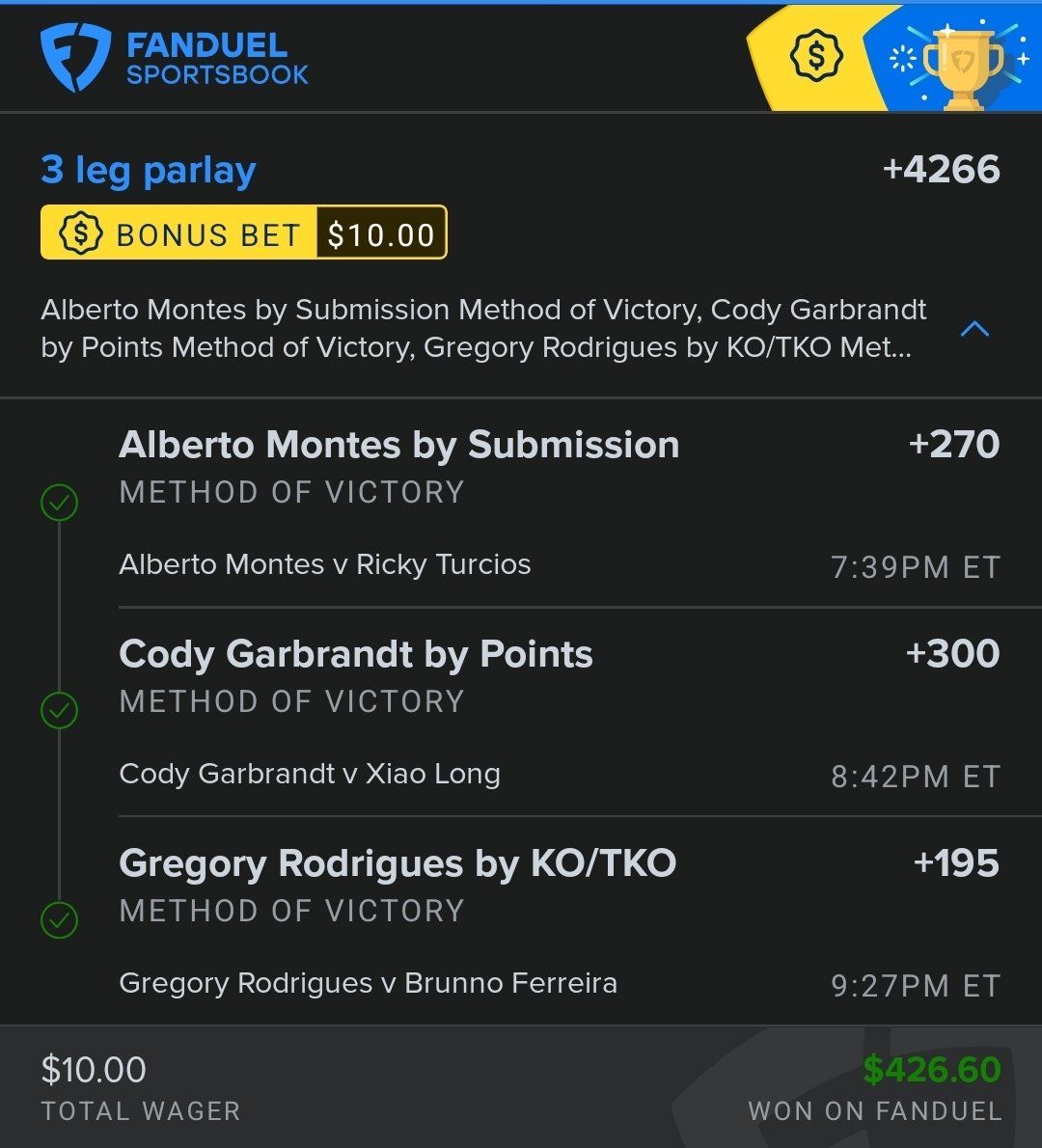 ScaryHoursMMA's tweet photo. Scary Cycle (+4266) ✅️💰

Montes by Sub ✔️
Garbrandt by Dec ✔️
Robocop by KO ✔️

#UFC326 

The discord is poppin' off. Join us here!
https://t.co/ehuRjBaO5d