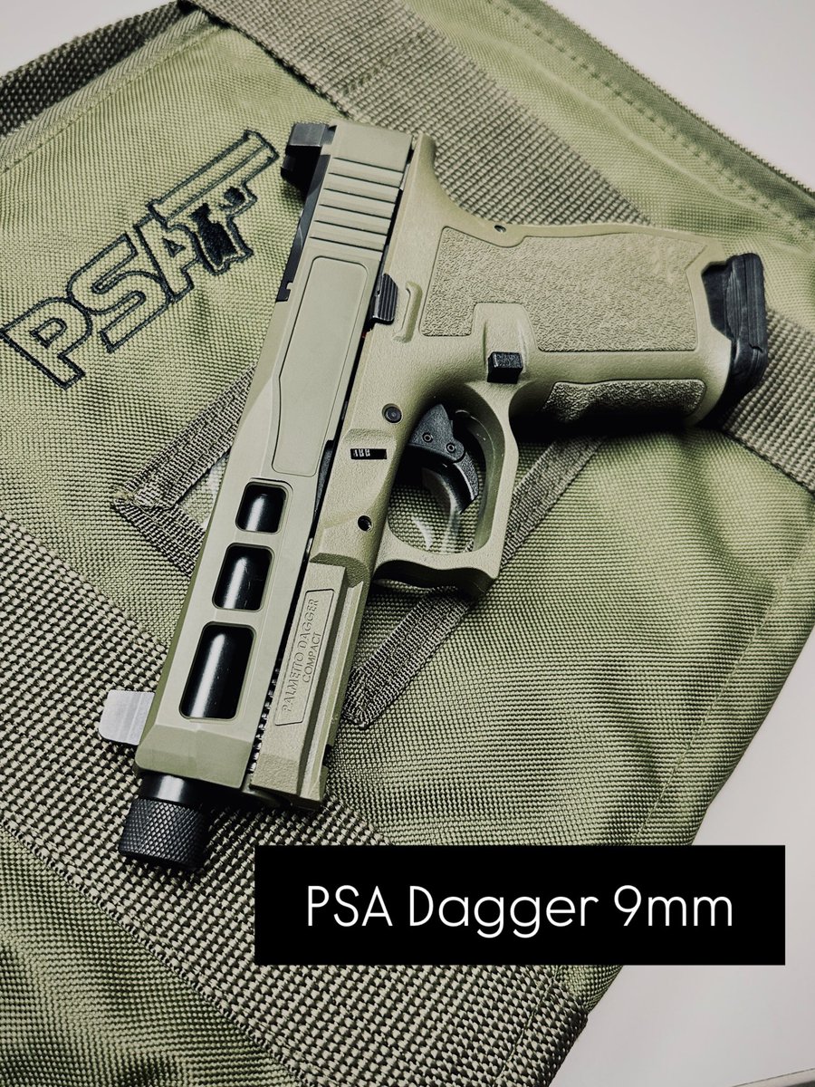GunsAndAmmoMag's tweet photo. First Impressions? #PSADagger full-size 9mm in #SniperGreen with #threadedbarrel and optic ready with ballistic nylon case. Sights will co-witness with most #reddot sights. And it’s very affordable! #PalmettoStateArmory https://t.co/vYL0dzApsP