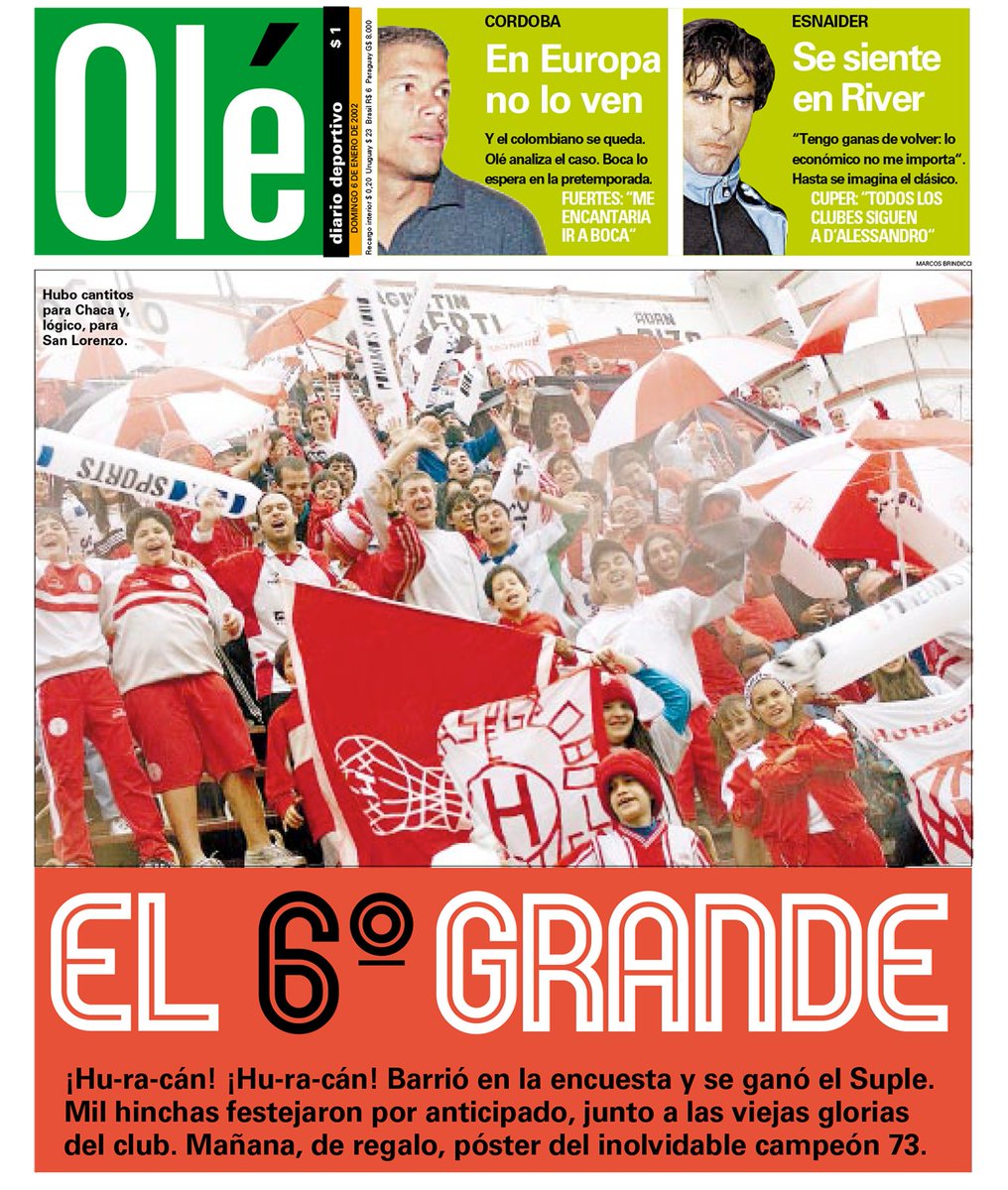 🔙 Ustedes eran chicos pero en el año 2001 Olé hizo una encuesta para derimir al sexto grande a nivel hinchas en la que participaron más de 220mil lectores y el ganador fue Huracán, el segundo Chacarita.