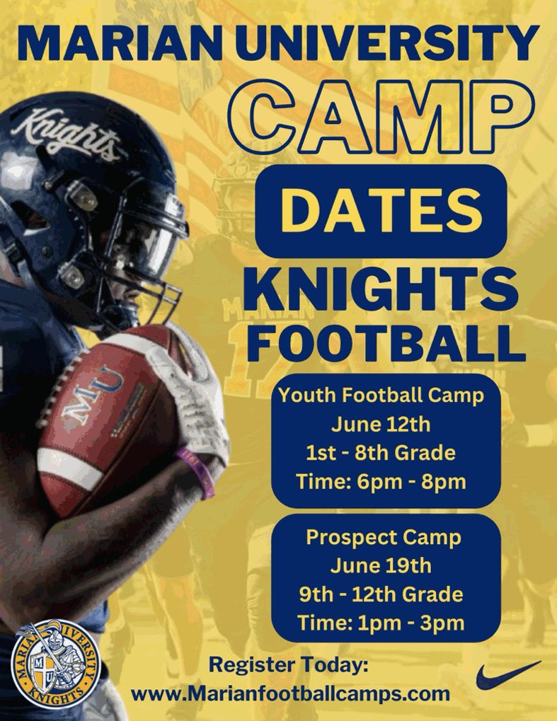 Proud2BRog's tweet photo. Building the future of the kingdom! โ๏ธ๐
Big things happening at Marian University. Come watch the squad at the Spring Game on 3/28, then get your reps in at camp this June. Whether you're Youth or a Prospect, itโs time to work.
@SWOFCAfootball @henry196350
#Knights #MUFB #Indy https://t.co/wx2Nm5cCEb