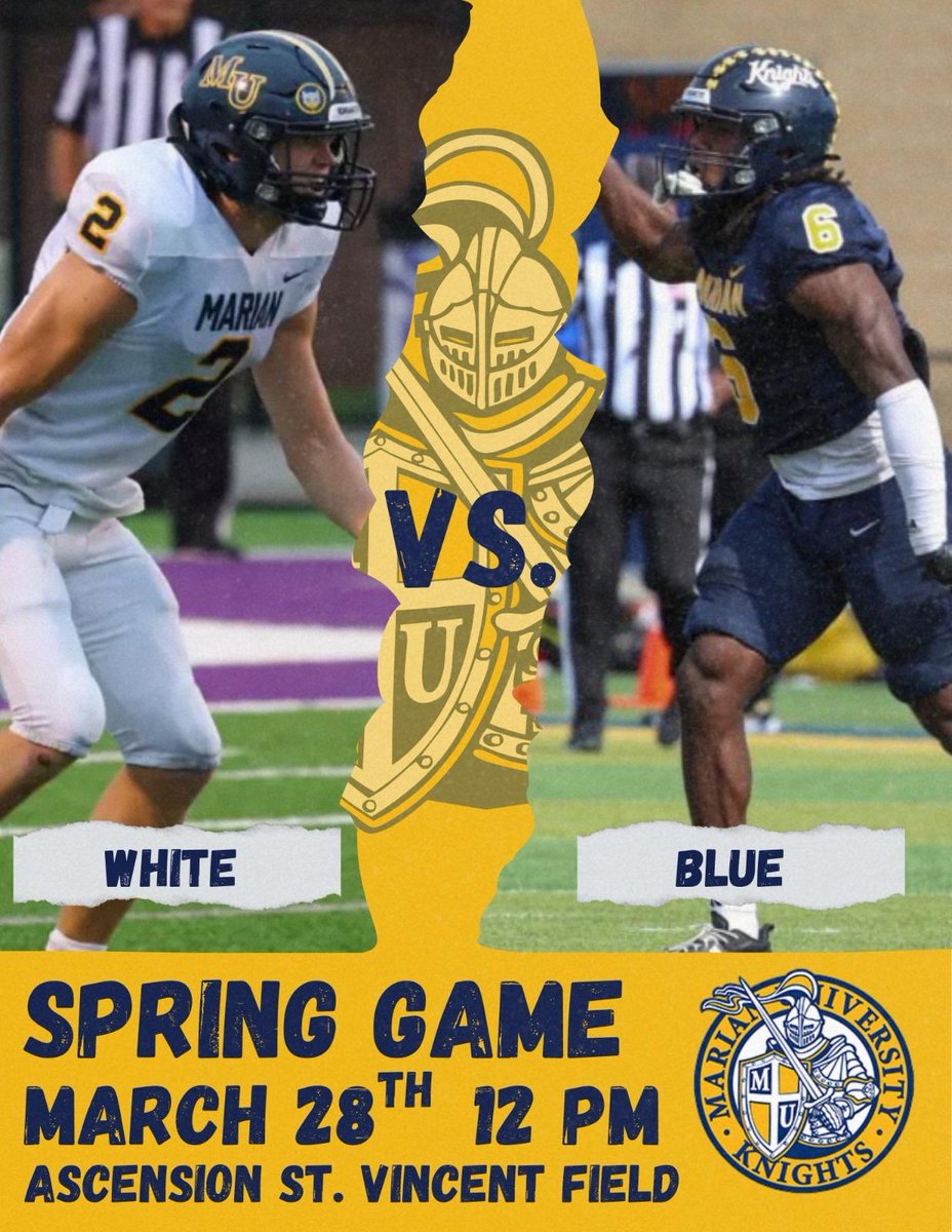 Proud2BRog's tweet photo. Building the future of the kingdom! โ๏ธ๐
Big things happening at Marian University. Come watch the squad at the Spring Game on 3/28, then get your reps in at camp this June. Whether you're Youth or a Prospect, itโs time to work.
@SWOFCAfootball @henry196350
#Knights #MUFB #Indy https://t.co/wx2Nm5cCEb