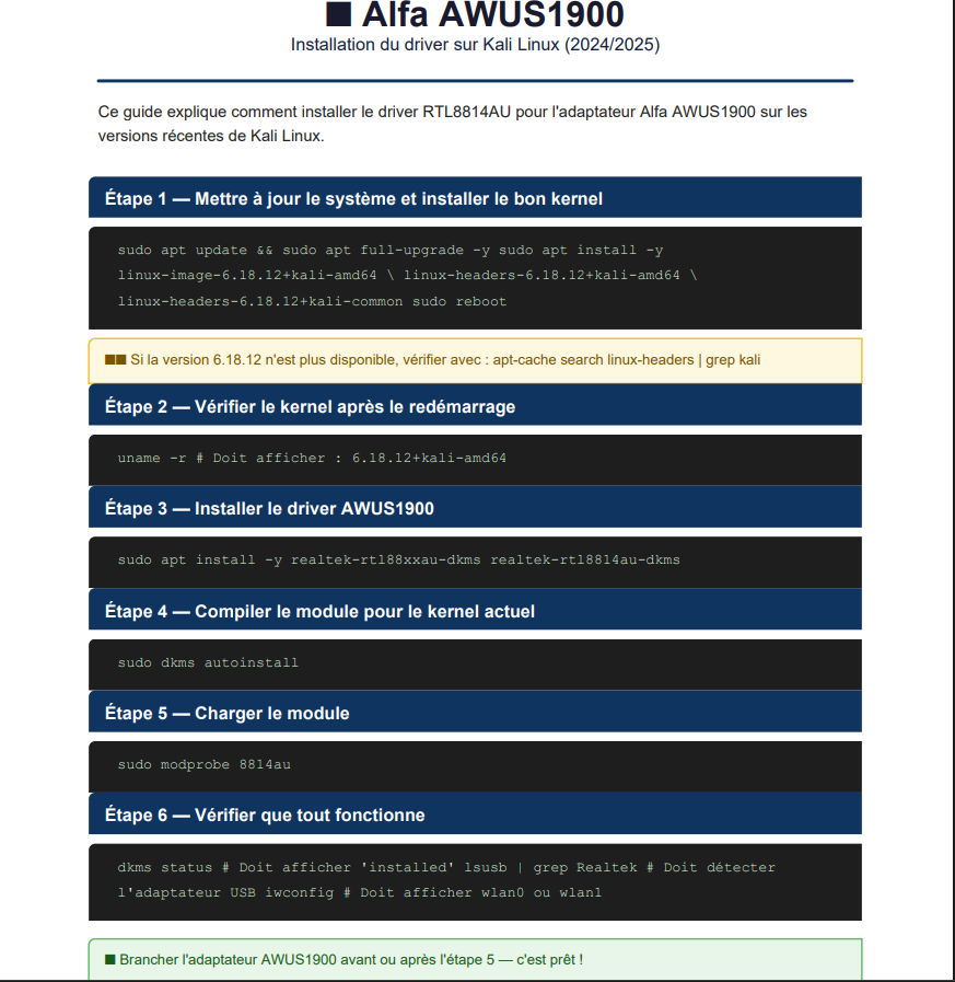 I meet many students  who are unable to install drivers for their Alfa external network cards. The reason is that an update to the RTL8814AU chipset has separated the usual RealtekRTL88xxaudkms driver.I created a short PDF with the correct commands for the driver. I hope it works
