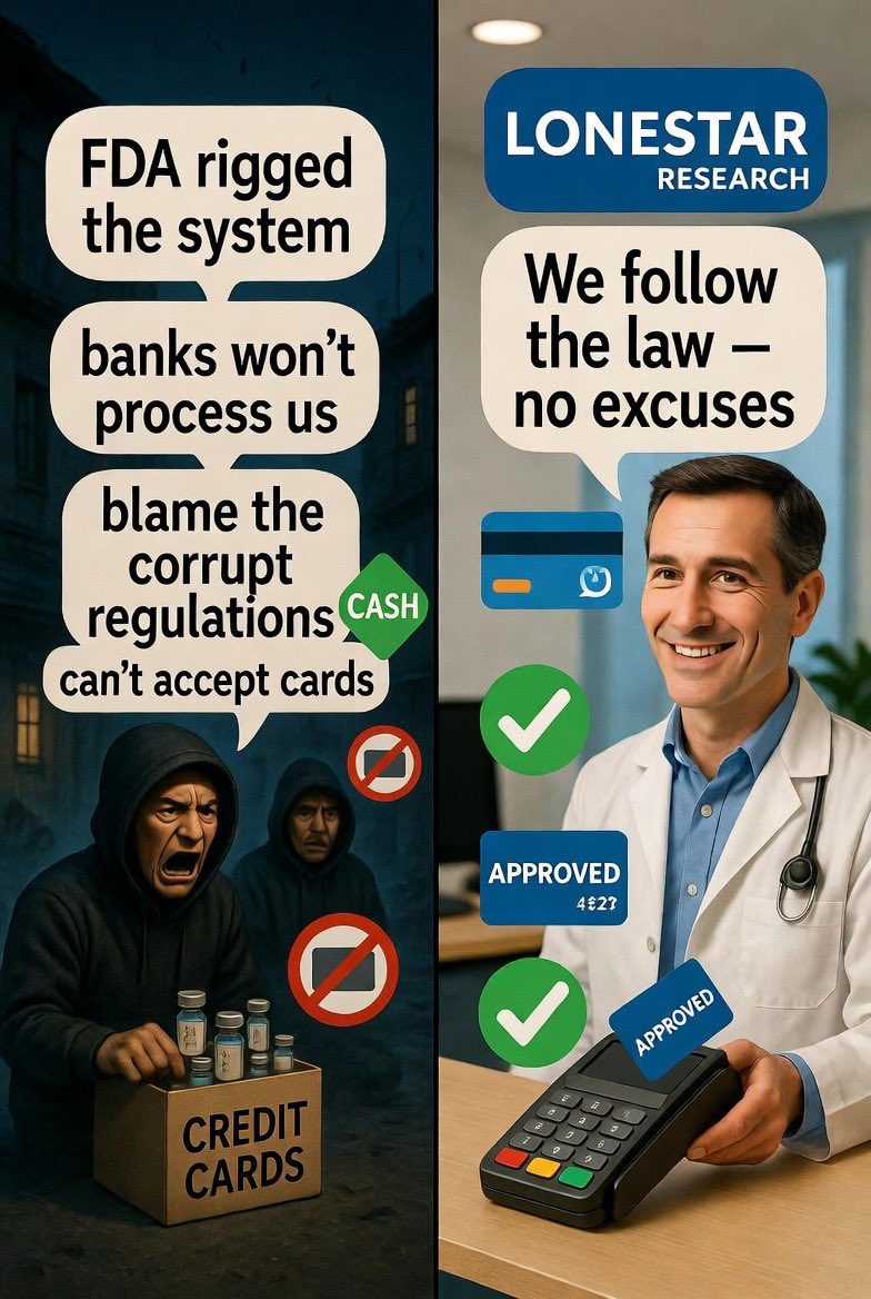 Shady $peptides companies this week:
“OMG IT’S ALL RIGGED BY PHARMA AND THE <a href="/US_FDA/">U.S. FDA</a> SO YOU CAN ONLY PAY WITH $BTC AND WIRE TRANSFER.”

#LonestarResearch:
“We follow the rules. It’s not rigged. No excuses. Our payment processing including credit cards is always up and running.”
