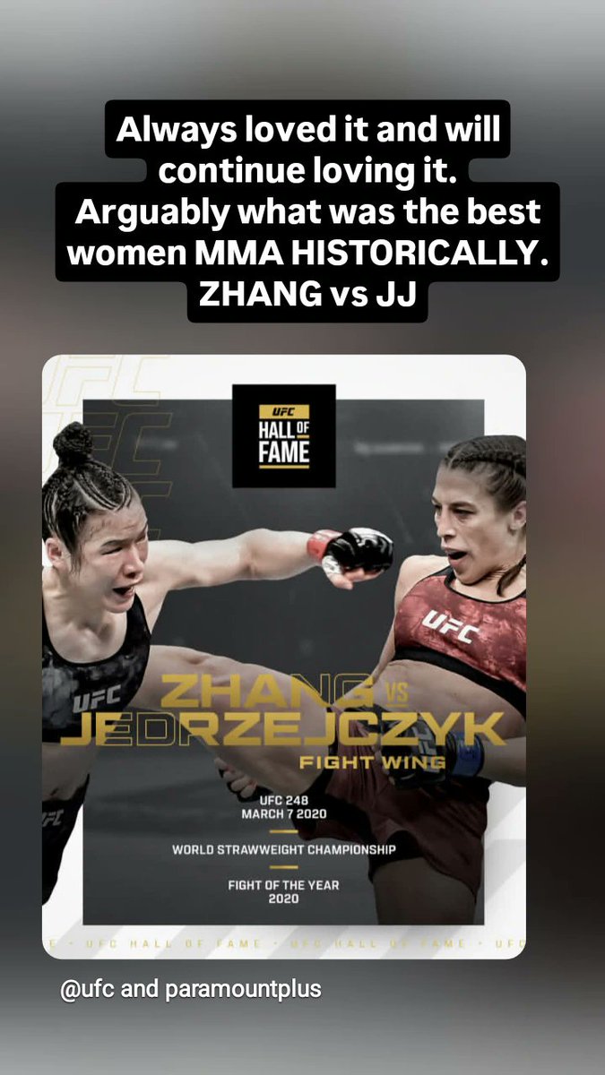 Arguably the greatest women fight in the history of MMA. Two of the most brave savages. I knew this was a hof. I have always loved <a href="/MmaWeili/">Weili Zhang MMA</a>  💕 especially from her quote. ' Be water, my friend '.
#UFC326