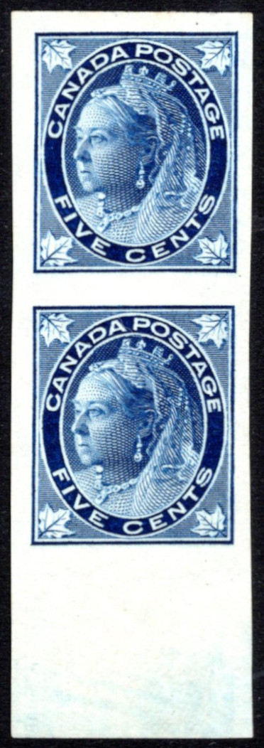 AllNations1949's tweet photo. Realized $650 today Lot 54 Canada #70i. VF unused bottom sheet-margin 1897 QV Leaf 5c bright blue, vertical pair. Only 100 pairs w/o gum known. 2025-2026 Unitrade $600 https://t.co/JSHKNNdNDV