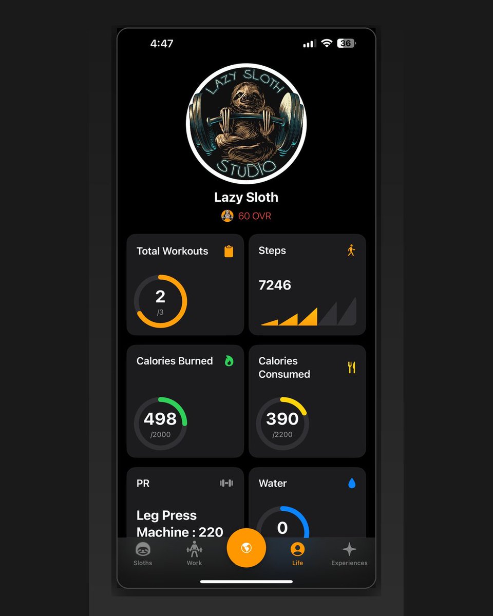 LazySlothStudio's tweet photo. Tired of fitness apps that just collect your data and give you nothing back? SWOLE gives you an OVR rating built from your actual work. Steps, calories, PRs, all in one screen. Free on iOS. https://t.co/H4hVLQxqyQ https://t.co/cFnKbdArcJ