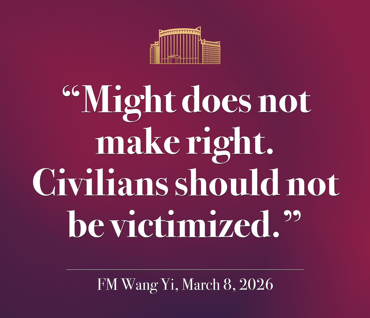 🇨🇳FM #WangYi on 🇮🇷#Iran:
🔴It is a war that should not have happened—it is a war that does no one any good.
🔴The history of the #MiddleEast tells the world time and again that force provides no solution and armed conflict will only increase hatred and breed new crises. 
🔴Once