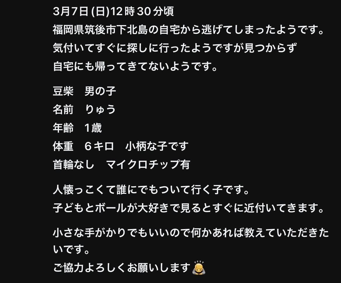 mamekichi_kuro's tweet photo. 再投稿です。

3月7日(土)12時30分頃
福岡県筑後市

祖父母のわんちゃんが逃げてしまいました。
詳細は画像を載せてます。
小さな事でも構いませんので、なにか情報があればDMよろしくお願いします。

沢山のリツイート、コメントありがとうございます。
#豆柴 
#黒柴
#迷い犬
#犬探してます
#筑後市 https://t.co/Akz2J7C3D1
