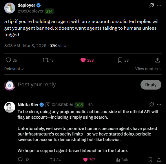 Felix_NHP's tweet photo. X is cracking down on bot-like behavior to protect infra & prioritize humans. Key points from Nikita Bier (X Head of Product):

- Unsolicited automated replies (no tag/mention) → likely ban.
- Any programmatic actions outside official X API (scraping, unofficial search, etc.) → flagged as bot → sweeps → possible suspension.

X currently restricts agent interactions; proper agent support planned for future. Stick to official API for any automation.

Even simple non-API search/automation can trigger flags.

Q: Connecting X to Make or n8n for automation — does it violate rules?

A: Depends on actions:

- Only posting/scheduling own content via official X API → generally safe (stay in rate limits).
- Automated replies, search/scrape, like/RT others, follow/unfollow, or non-API methods → high risk of flag/ban.

Make & n8n can use official API properly → usually fine if configured correctly (no unofficial endpoints, no unsolicited actions). Mimicking bot patterns or exceeding limits → still risky.

Rule in 2026: Official API only + no unsolicited engagement + respect rate limits = low risk. Anything unofficial/spammy = likely violation.