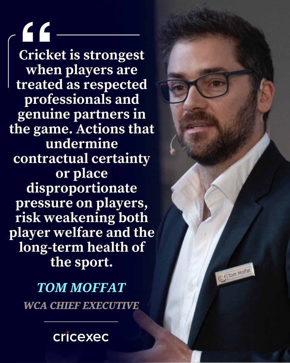 cricexec's tweet photo. “Cricket is strongest when players are treated as respected professionals and genuine partners in the game.”

World Cricketers’ Association Chief Executive Tom Moffat has weighed in on the controversy surrounding reported PKR 5 million fines imposed on Pakistan players after their elimination from the T20 World Cup 2026.

Moffat warned that punitive measures for performance could undermine contractual certainty and player welfare, adding that the global players’ body would not support unilateral sanctions that fall outside the terms of agreed player contracts.

@WCA_Players #PakistanCricket #PCB #T20WorldCup #WorldCricketersAssociation #TomMoffat