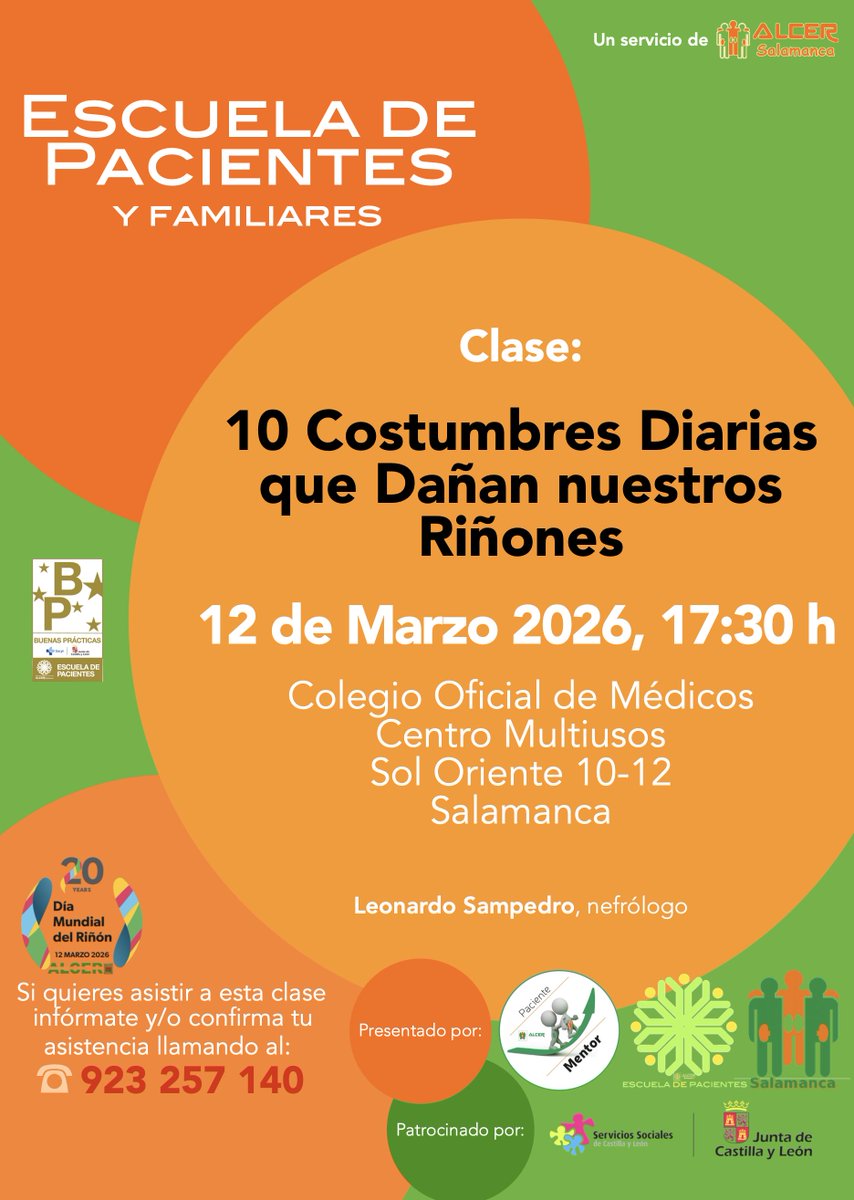 alcersalamanca's tweet photo. 🎒Por el #DíaMundialDelRiñón #ALCERSalamanca  invita a toda la población:

📌 10 Costumbres Diarias que Dañan nuestros #Riñones
📆 12 de marzo 2026
🕔 17:30 h
👨🏼‍⚕️ Leonardo Sampedro, #nefrólogo CAUSA
📍 Colegio Oficial Médicos de Salamanca, ATENCIÓN: en la calle Sol Oriente 10-12 https://t.co/Oz0mCiyHBH