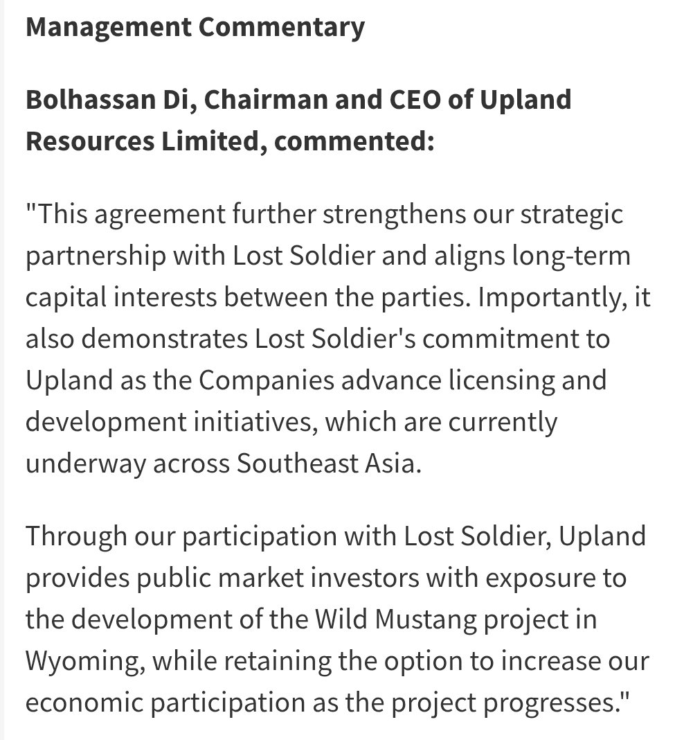 bigguyad's tweet image. Wow! Another huge step for @Uplandtweets :

✅️ Bilateral deal @LostSoldierOilG
✅️ Option invest $9.5m into Wild Mustang
✅️ LS &amp;amp; Marc Bruner $9.5m options into UPL @ 5p
✅️ ~6 Tcf gas discovery exposure
✅️ OTCQB listing

🔥"Developments...years in the making"🔥
#UPL