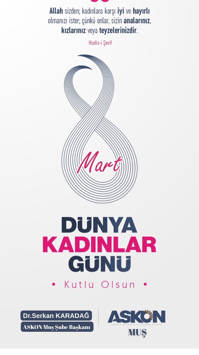 Fedakarlıkları, emekleri, sevgileri ve mücadeleleriyle geleceğimizin şekillendirilmesinde hayati role sahip olan, insanlığın ilk öğretmeni kadınlarımızın, #8MartDünyaKadınlarGünü Kutlu Olsun.💐

<a href="/RTErdogan/">Recep Tayyip Erdoğan</a> 
<a href="/eminsimsekmus/">Mehmet Emin Şimşek</a> 
<a href="/orhanaydin/">Orhan AYDIN</a> 
<a href="/ASKON/">ASKON 🇹🇷</a> 
<a href="/Volkan_Khrmn08/">Volkan Kahraman</a> 
<a href="/karadag_dr/">Dr. Serkan Karadağ</a>