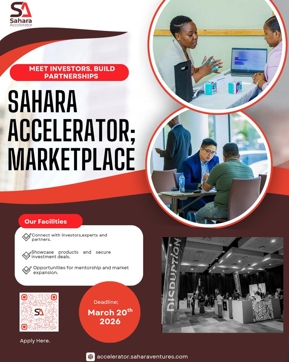 SaharAccelerate's tweet photo. Got a startup ready to grow? 🚀
Join the Sahara Accelerator Marketplace to connect with investors, mentors, and strategic partners.

Apply by March 20, 2026.
Link; https://t.co/zf0nXwhz4b https://t.co/L77bTDSLnR