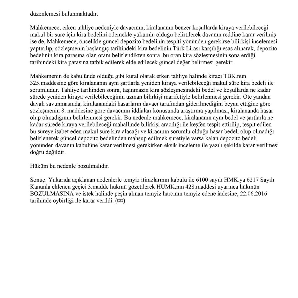 Kiracı, evden çıktığında ödediği depozito; SON KİRA MİKTARI ÜZERİNDEN GÜNCELLENEREK iade edilmesi gerektiğine dair karar :