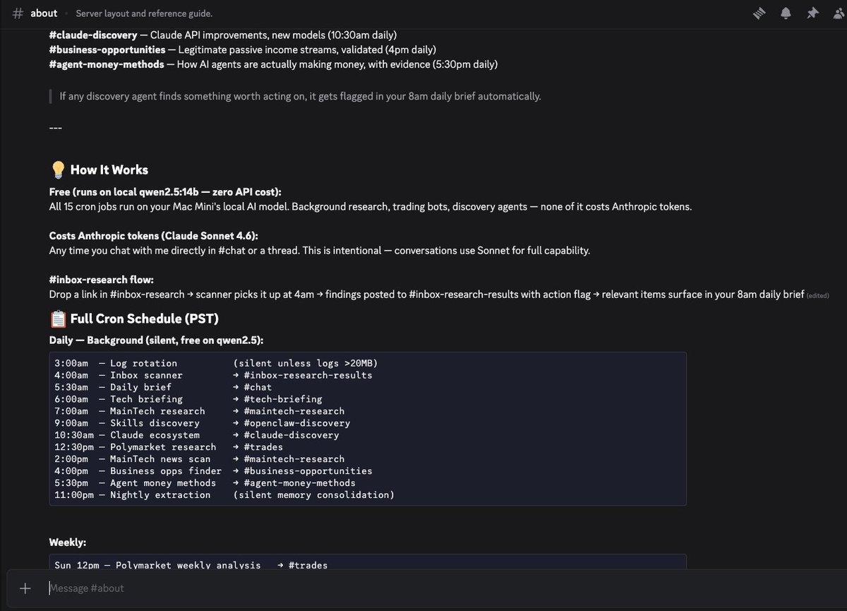 The powers that Discord give your Openclaw agent are seriously impressive. Being able to organize my ideas and chats like this is a game-changer. This is my Day One.
Thanks, <a href="/AlexFinn/">Alex Finn</a> for the info and inspiration. Definitely feel my productivity is going to 100x from here.