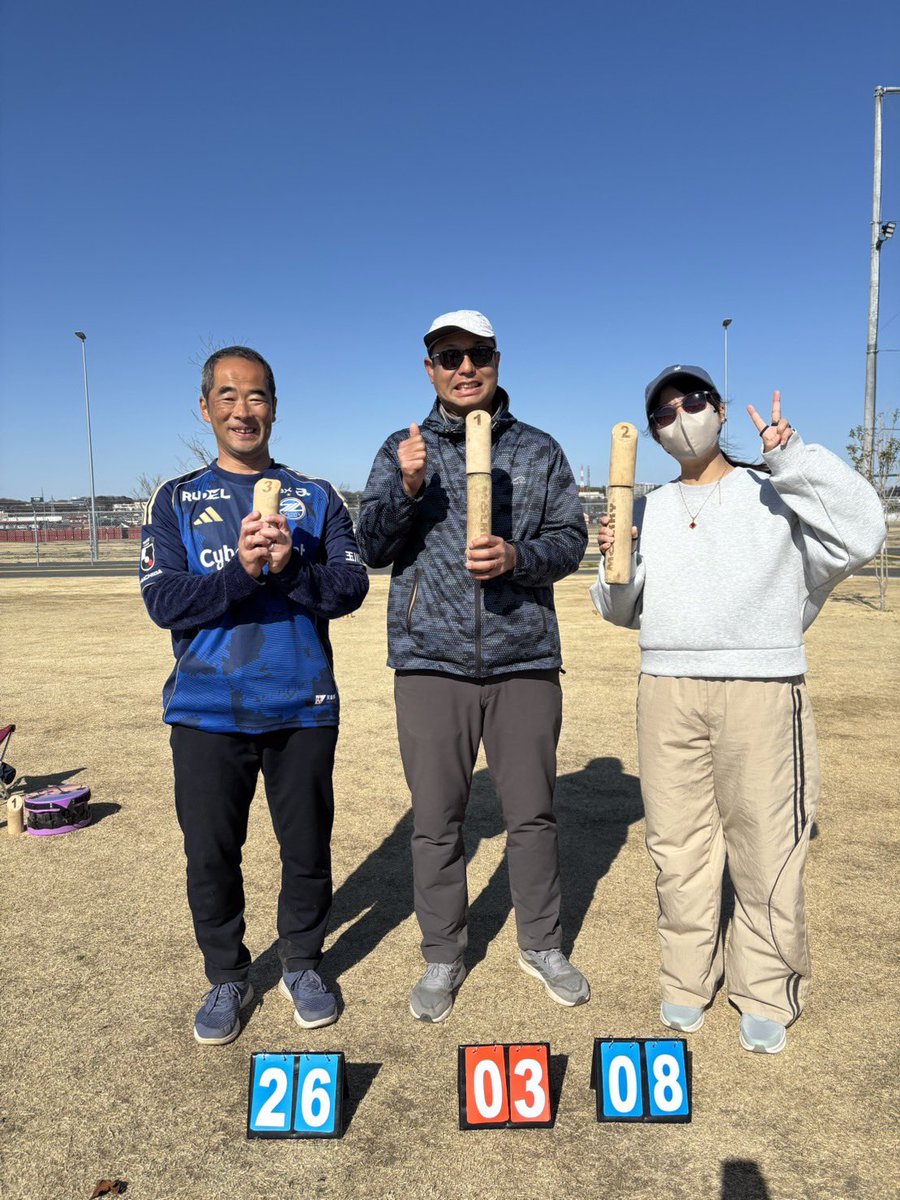 TMF_Molkky's tweet photo. 本日の多摩リーグ第3節A日程の結果は……

🥇エージ さん
🥈meg.さん
🥉nobuさん

でした❗️

エージさん、初優勝おめでとうございます❗️

強風の中、参加された皆さん、ありがとうございました😊 https://t.co/OilfWFhxkO