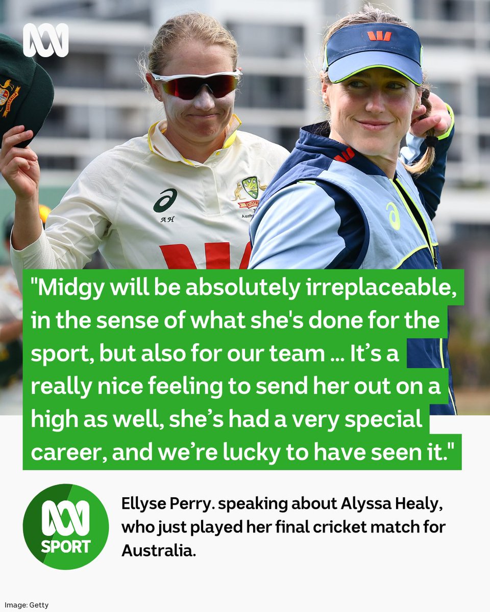 abcsport's tweet image. We asked Ellyse Perry about the retiring Alyssa Healy, and this is what she said.

♥️

Hear every ball, live and ad-free, via the pink cricket button on ABC listen: ab.co/ABCListenApp
Live blog: ab.co/4rYlApi

#AUSvIND