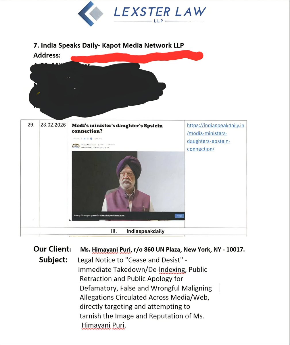 #EpsteinFiles में केंद्रीय मंत्री हरदीप पुरी को एक्सपोज करने पर पहले केंद्र सरकार के इलेक्ट्रॉनिक और इनफार्मेशन टेक्नोलॉजी मंत्रालय ने X पर पोस्ट लिखने के विरुद्ध नोटिस भेजा, फिर फेसबुक पर छह स्ट्राइक लगवाए और जब मैंने indiaspeakdaily.in न्यूज पोर्टल पर साक्ष्य के साथ लिखा