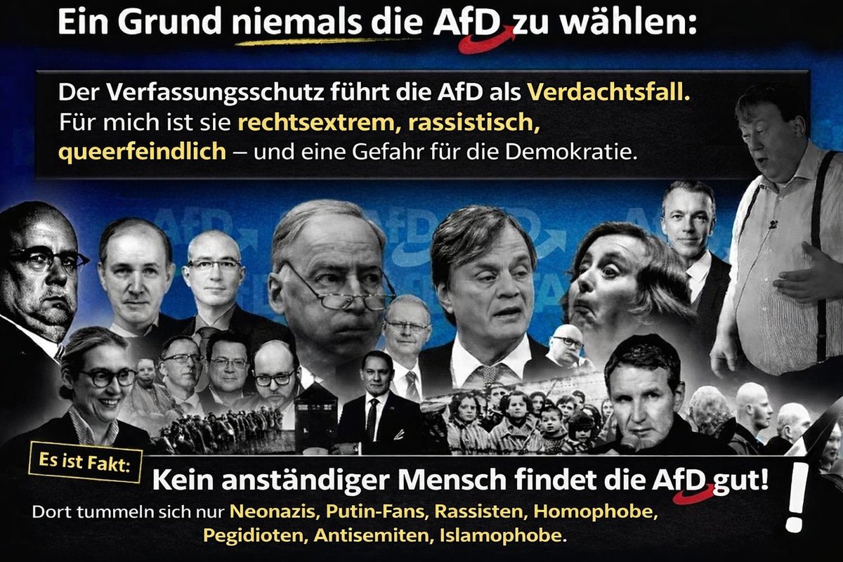 Jeden Tag daran erinnern: Der Verfassungsschutz führt die #AfD als Verdachtsfall. Für mich ist sie rechtsextrem, rassistisch, queerfeindlich – und eine Gefahr für die Demokratie.

© <a href="/lupus_woelfin/">Lupine</a>