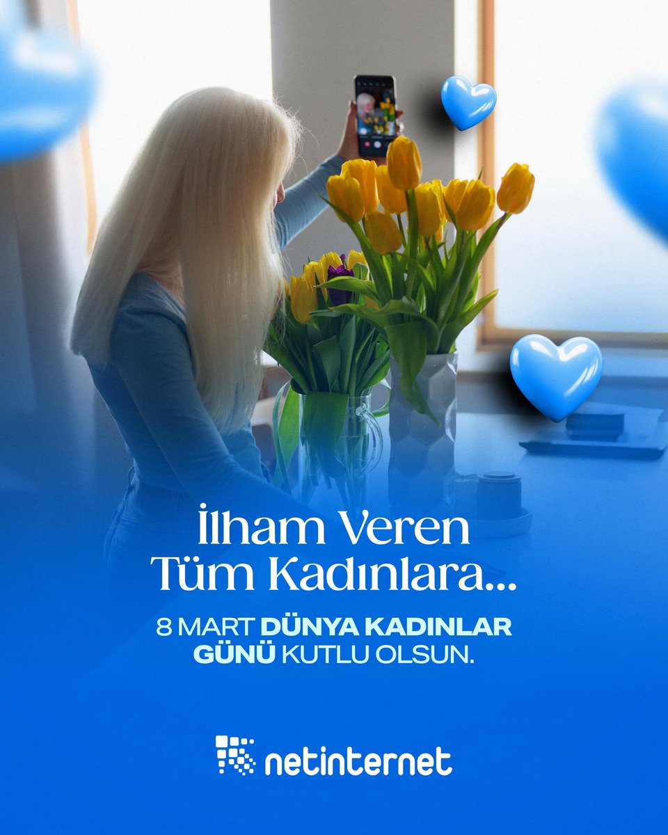 Netinternet's tweet image. Hayatın her alanında üreten ve fikirleriyle yolumuzu aydınlatan tüm kadınların 8 Mart Dünya Kadınlar Günü kutlu olsun! 💙 

Dokunduğunuz her yeri güzelleştiriyor, emeğinizle dünyayı değiştiriyorsunuz. İyi ki varsınız! 🌷

#8Mart #DünyaKadınlarGünü #Netinternet