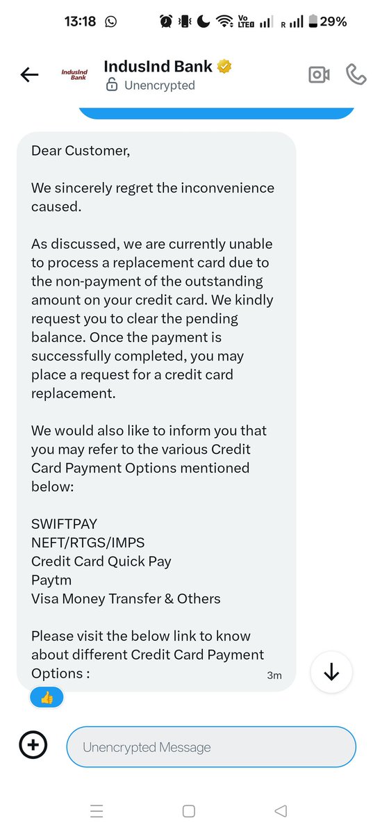 NitinNmw's tweet photo. @MyIndusIndBank 
Dekho aaplog kya rangdari chal rahi hai , expired card par December Tak payment liya tab koi nhi bola ,aaj payment nhi kar pa raha to ye log torture kar rahe hai https://t.co/fcpCXAxNW0