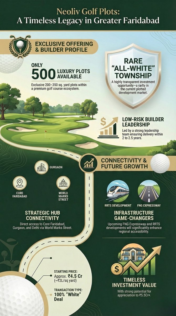 hkdixit108's tweet photo. NeoLiv is set to launch a 62-acre golf-centric plotted township in Faridabad (Sectors 98 & 99A) with a 2-year payment plan and fully transparent “all-white” deals.

Plot sizes: 200–350 sq. yds.
Expected pricing: ~₹2L/sq. yd.

Although it’s Nahar Par but the connectivity is promising with proximity to the DND-KMP corridor, FNG Expressway, and the proposed RRTS. This could be a timeless development in the making.

Curious to hear your take on this niche versus the usual Gurgaon/Noida plotted developments. 🏘️📈
