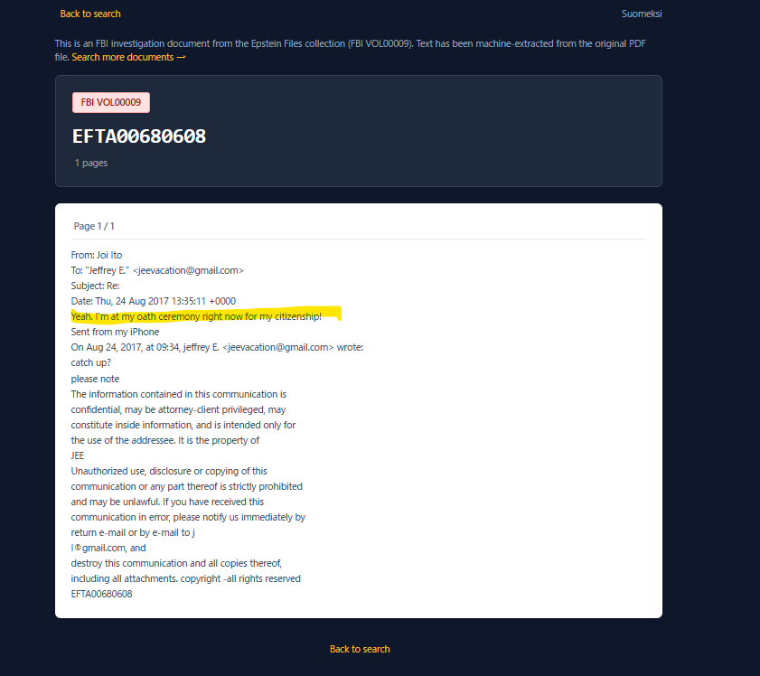 このメール、ちょっと驚いた。

伊藤穰一氏について
「日本国籍を喪失しているのでは」という話を見たので
エプスタインファイルを確認してみた。
すると本人がこう書いている。
“Yeah. I'm at my oath ceremony right now for my citizenship!”
（今まさに市民権取得の宣誓式にいる）

日付は
