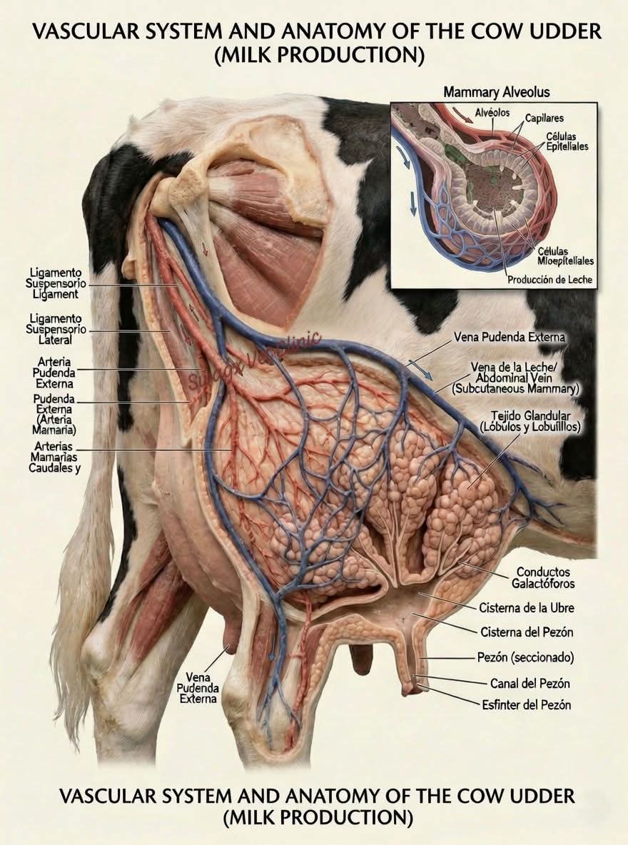 VeterinaryGate's tweet photo. Anatomy of blood supply of cow udder 
Anatomy of blood supply of cow udder. 
The cow's udder receives a massive blood supply, requiring 400–500 liters of blood flow to produce 1 liter of milk, primarily via the external pudendal arteries (left and right), which branch into cranial and caudal mammary arteries. These arteries enter via the inguinal canal, forming sigmoid flexures for flexibility. 

Arterial Supply
External Pudendal Artery: The main supply, originating from the abdominal aorta via the external iliac artery. It passes through the inguinal canal and splits into cranial and caudal mammary arteries, forming a, sigmoid flexure which allows for expansion.
Perineal Artery: Provides a minor contribution to the posterior dorsal part of the udder.
Capillary Beds: Extensive networks surround each alveolus for nutrient exchange. 

Venous Drainage
Subcutaneous Abdominal Vein ("Milk Vein"): Responsible for carrying approximately 90% of the blood away from the udder, running along the ventral abdomen.
External Pudendal Vein: Drains blood back through the inguinal canal.
Perineal Vein: Drains the posterior part of the udder.
Venous Ring: A base structure where all veins contribute, located at the top of the udder. 

Functional Anatomy
Independence: Each half (left and right) of the udder has its own separate vascular system, though small connections exist.
Adaptation: Sigmoid flexures in the main vessels allow them to stretch as the udder fills.
Blood-Milk Barrier: Nutrients are transferred from capillaries to alveoli, where they are transformed into milk.