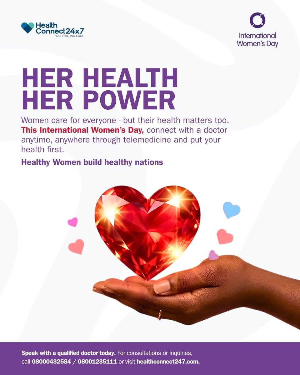 HC24x7's tweet photo. Happy International Women's Day, we celebrate the power of women and the importance of prioritizing their health. 
 Speak with a qualified doctor today Toll-free lines: 08000432584 | 08001235111 Visit: https://t.co/DyL2D8Rw6T   #InternationalWomensDay #WomensHealthMatters https://t.co/EPFFwaWLcC