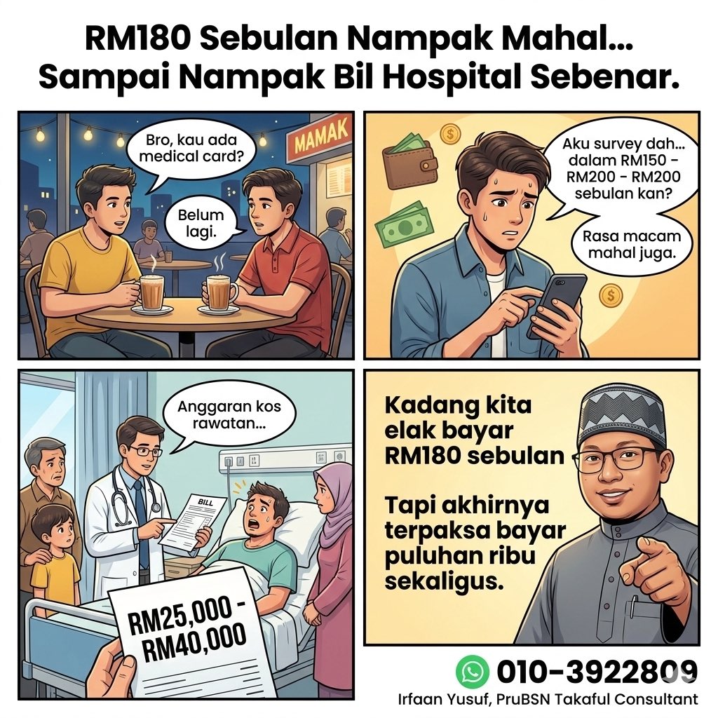 Bila sihat…
medical card nampak macam tak penting.

Bila sakit…
baru tahu kenapa ramai orang ambil.

Kadang kita elak bayar RM180 sebulan
tapi terpaksa bayar RM30,000 sekaligus.
