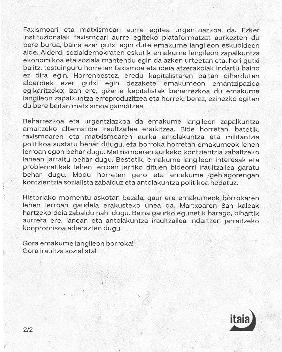 itaiasarea's tweet photo. 🚩M8| Irakurketa📄

Emakume langileok askatzeko, sozialismoa eraiki! https://t.co/x2TCZgyhqZ