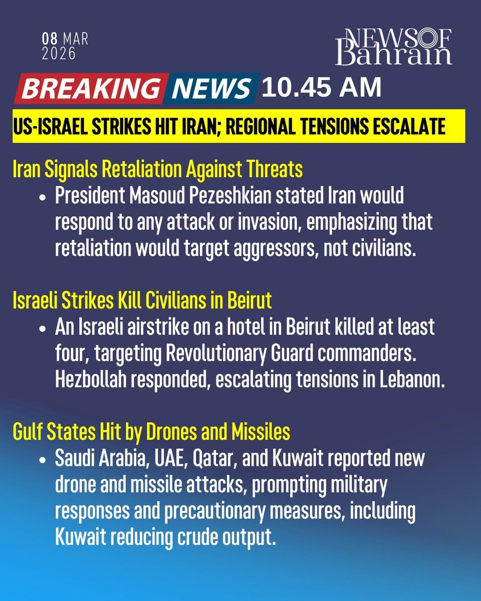 newsofbahrain's tweet image. #Update | Gulf Nations Brace for Escalation as Attacks Continue.
#NewsofBahrain #news #Bahrain #Manama