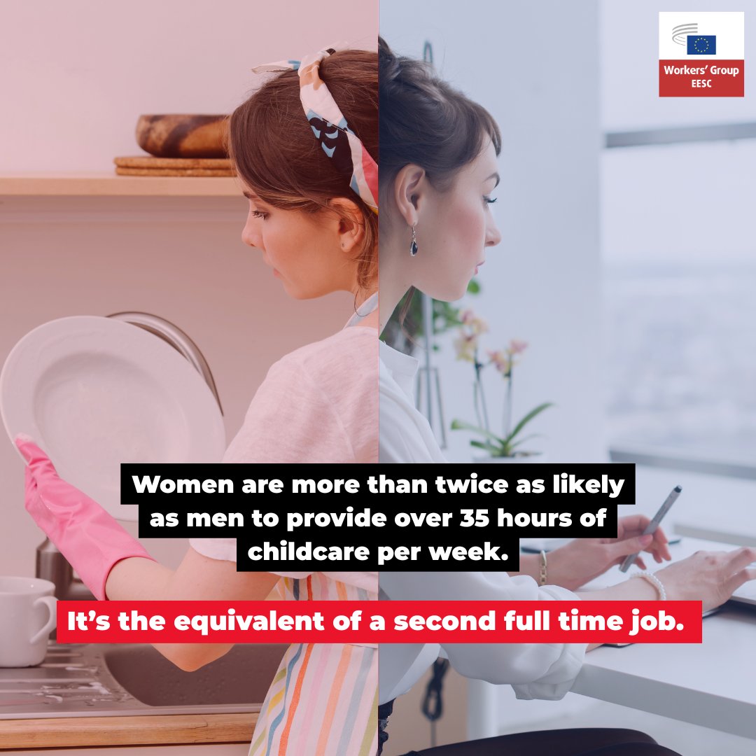 WorkersEESC's tweet photo. Women in Europe are more than twice as likely as men to provide over 35 hours of childcare a week. That’s the equivalent of a second full-time job. 

This #InternationalWomensDay, let’s invest in policies that support women and equal sharing of care.

🔗 https://t.co/BtkkNqlxvL https://t.co/GEphvDr9m0