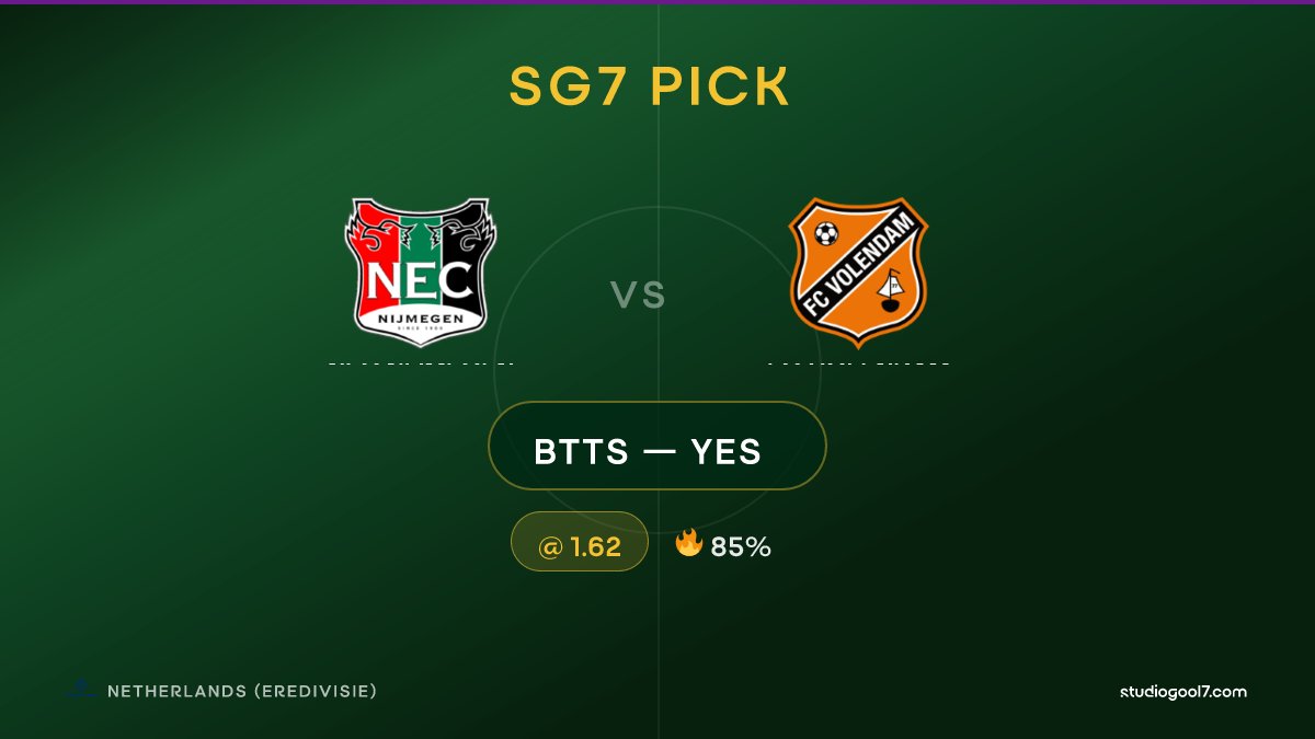 StudioGool7's tweet image. 🎯 SG7 PICK: BTTS — Yes
⚽ NEC Nijmegen vs FC Volendam | 🏟️ Netherlands (Eredivisie)
💰 Odd: 1.62 | 🔥 85%
📖 Full analysis 👇
studiogool7.com/analysis/13810…

#NECFCV #NetherlandsEredivisie #StudioGool7 #FootballStats