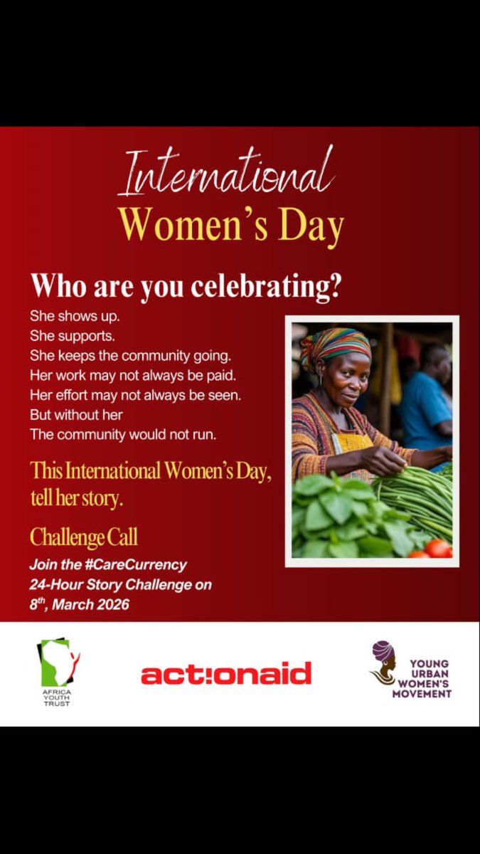 Join us tomorrow as we honor women and the powerful role they play in shaping our families, communities, and future. 
#CareCurrency
#GiveToGain
#IWD2026
#YoungUrbanWomen 
<a href="/ayt_org/">Africa Youth Trust</a> <a href="/ActionAid_Kenya/">ActionAid Kenya</a> <a href="/WhitneyAti94252/">Whitney Atieno</a> 
<a href="/_WanjiruGichuki/">Mary Gichuki</a>