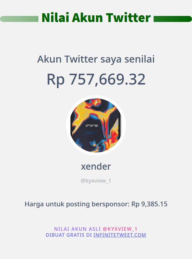 kyxview_1's tweet photo. Nilai Twitter Saya adalah: Rp 757,669.32

➡️ https://t.co/rd9q1II81W https://t.co/EulSpuIQyf