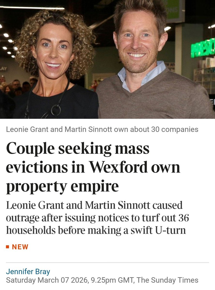 Couple seeking mass evictions in Wexford own property empire
✍️Jennifer Bray / <a href="/ST__Ireland/">The Sunday Times Ireland</a>

Leonie Grant and Martin Sinnott caused outrage after issuing notices to turf out 36 households before making a swift U-turn

Patchwork is one of about 30 companies owned by the couple and