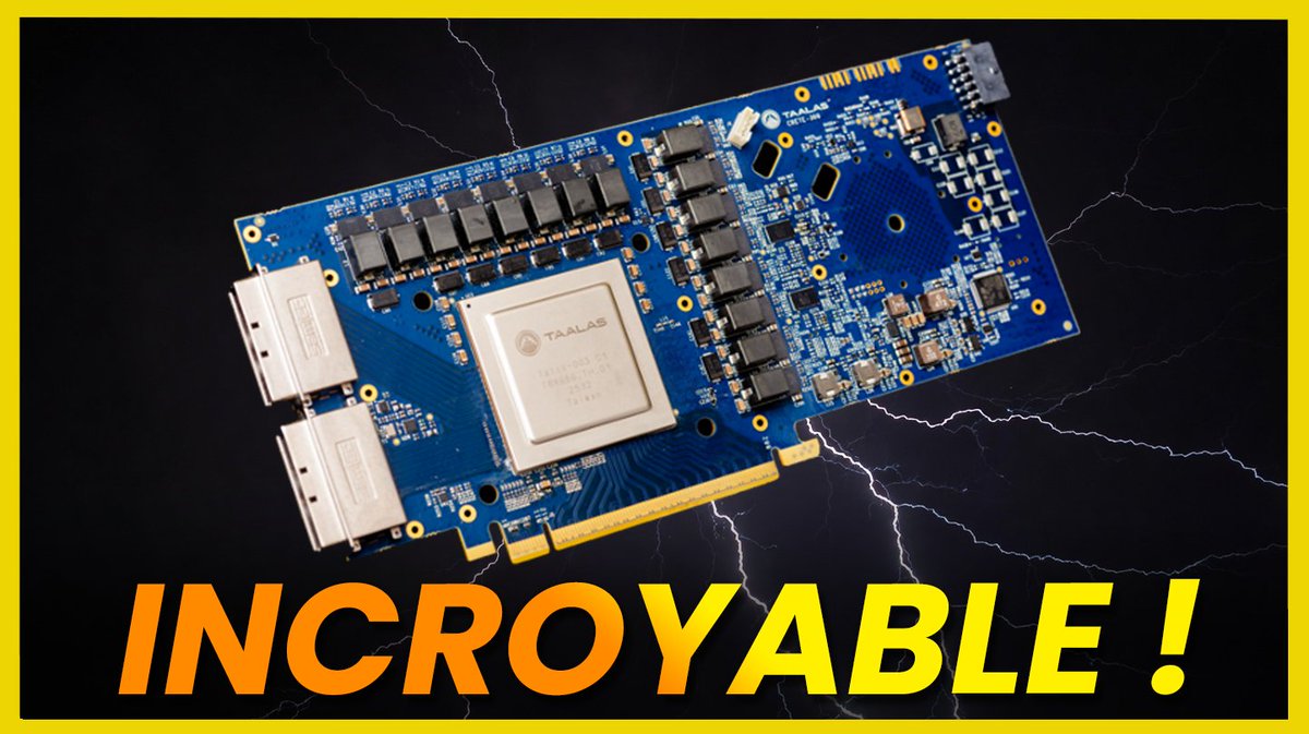 makertronicYT's tweet photo. NVIDIA EST FINI ?

Cette puce canadienne fait 20× plus vite et 20× moins cher que le B200… en câblant DIRECTEMENT le LLM dans le silicium !

Ma vidéo complète sur cette carte (tu vas pas y croire) :
👉https://t.co/YumZTz0ynp

#Taalas #IA #Hardware https://t.co/UQIZXQHvqM