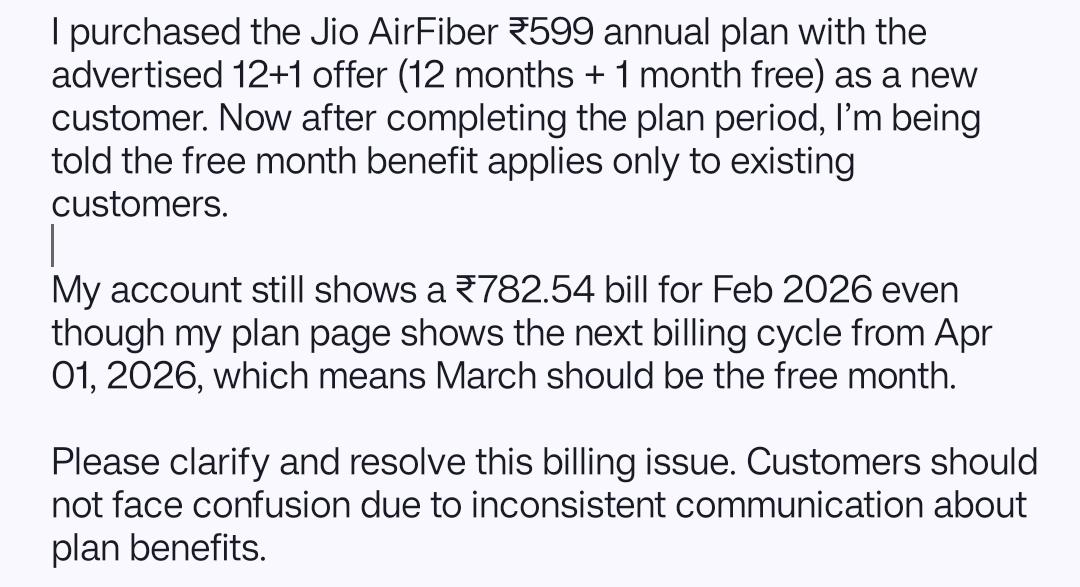 SathyaRohith18's tweet image. Hey @JioCare  #jioairfiber #Jio
This is confusing and feels misleading. If the 12+1 offer was promoted to attract new customers, why is it being denied later?
